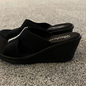 Skechers Black Wedge Slide Sandals with Rhinestone Strap